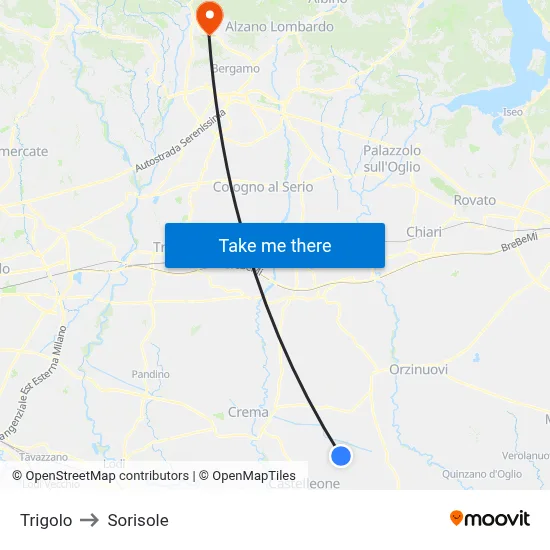 Trigolo to Sorisole map