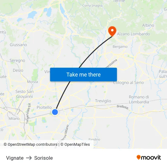 Vignate to Sorisole map