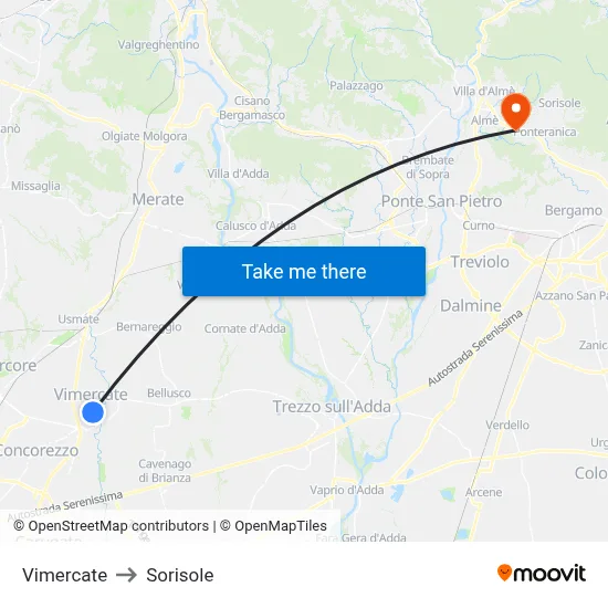 Vimercate to Sorisole map