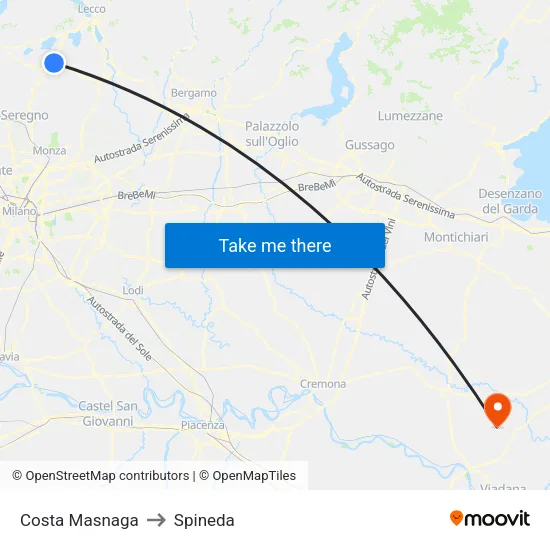 Costa Masnaga to Spineda map