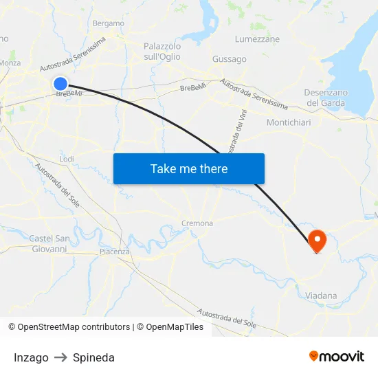 Inzago to Spineda map