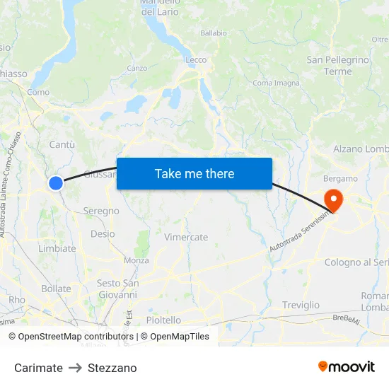 Carimate to Stezzano map