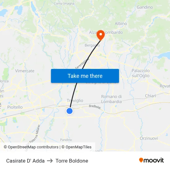 Casirate d'Adda to Torre Boldone map