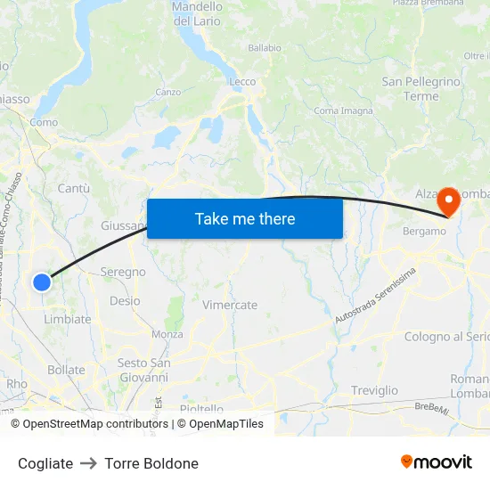 Cogliate to Torre Boldone map