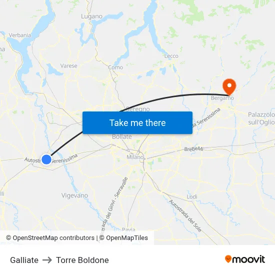 Galliate to Torre Boldone map