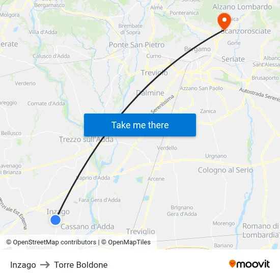 Inzago to Torre Boldone map