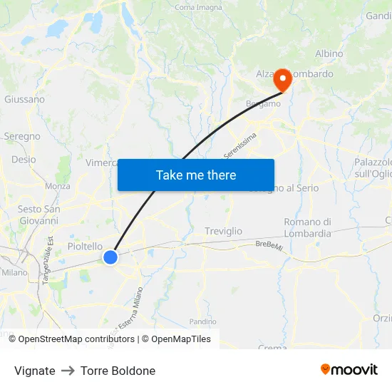 Vignate to Torre Boldone map