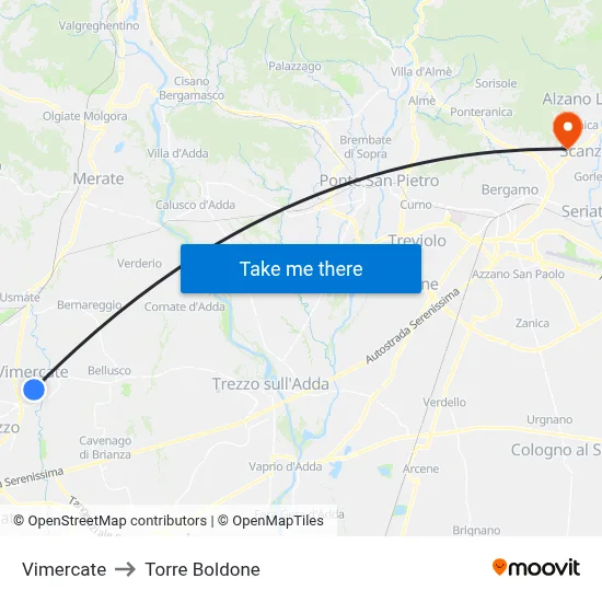 Vimercate to Torre Boldone map