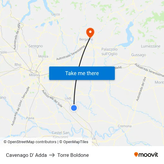 Cavenago D' Adda to Torre Boldone map
