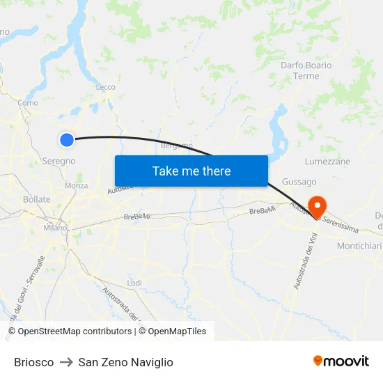 Briosco to San Zeno Naviglio map
