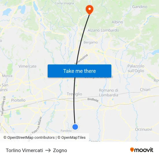 Torlino Vimercati to Zogno map