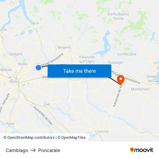 Cambiago to Poncarale map