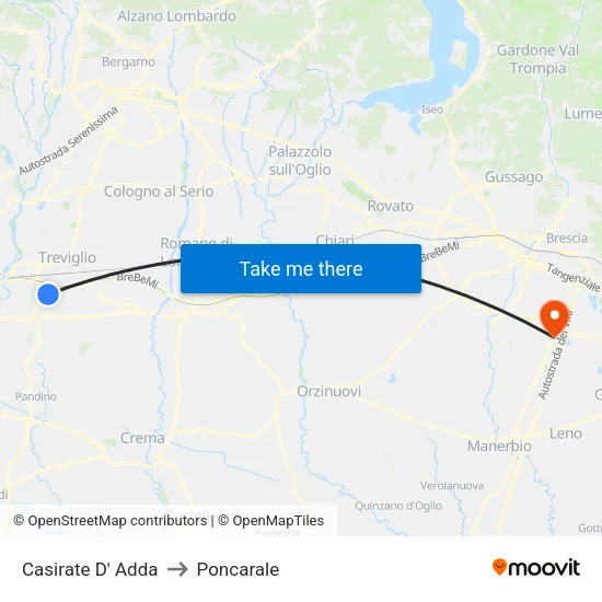 Casirate d'Adda to Poncarale map