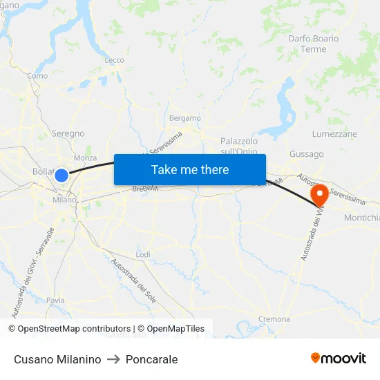 Cusano Milanino to Poncarale map