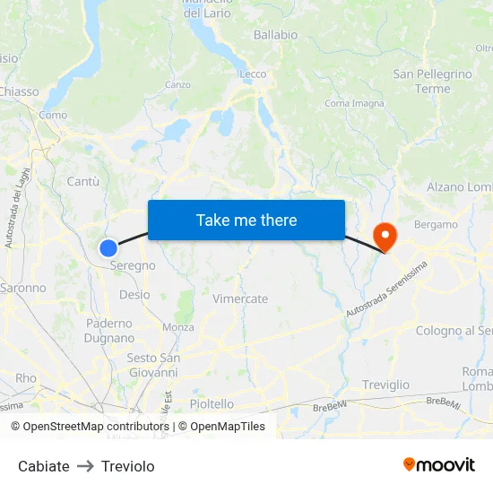 Cabiate to Treviolo map