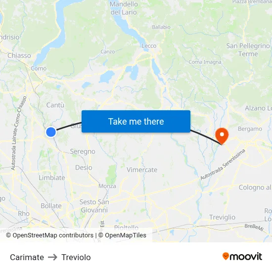 Carimate to Treviolo map