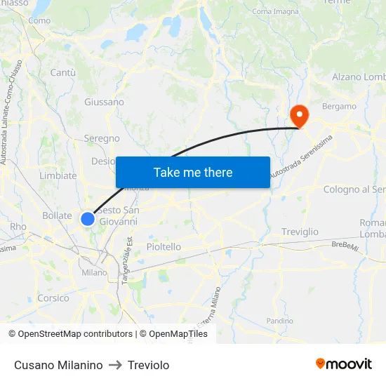 Cusano Milanino to Treviolo map