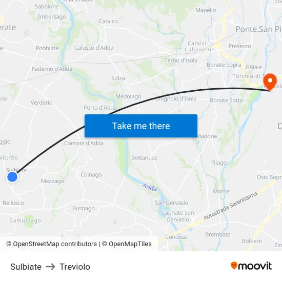 Sulbiate to Treviolo map