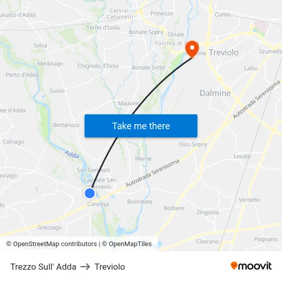 Trezzo Sull' Adda to Treviolo map