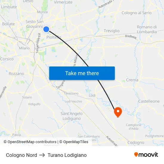 Cologno Nord to Turano Lodigiano map