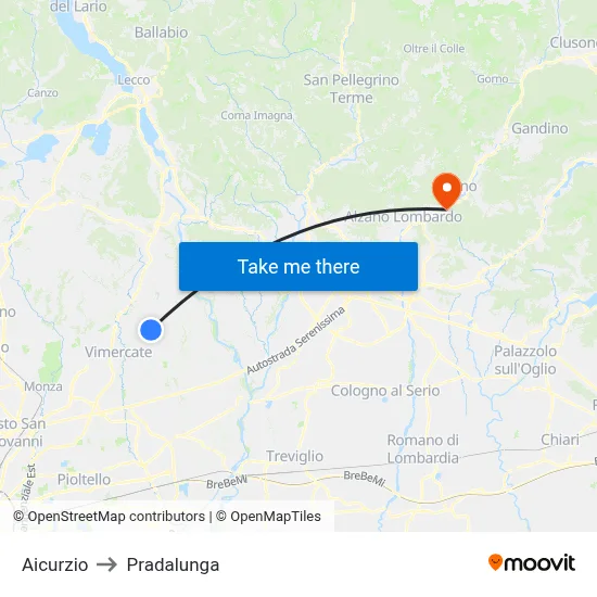 Aicurzio to Pradalunga map