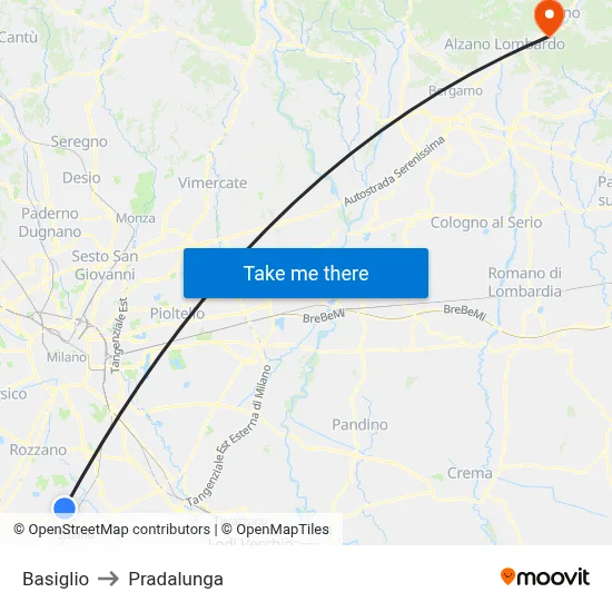 Basiglio to Pradalunga map