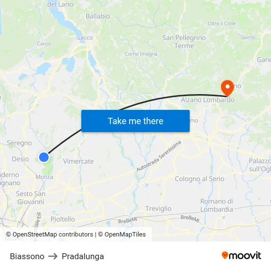 Biassono to Pradalunga map