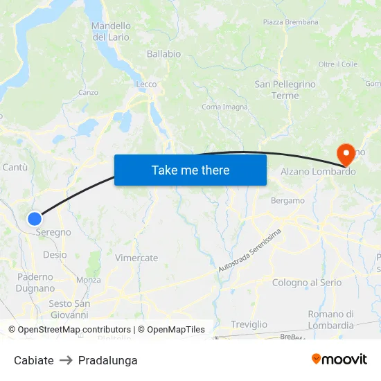 Cabiate to Pradalunga map