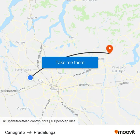 Canegrate to Pradalunga map
