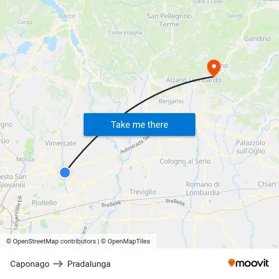 Caponago to Pradalunga map
