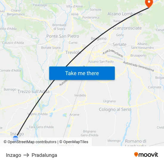 Inzago to Pradalunga map