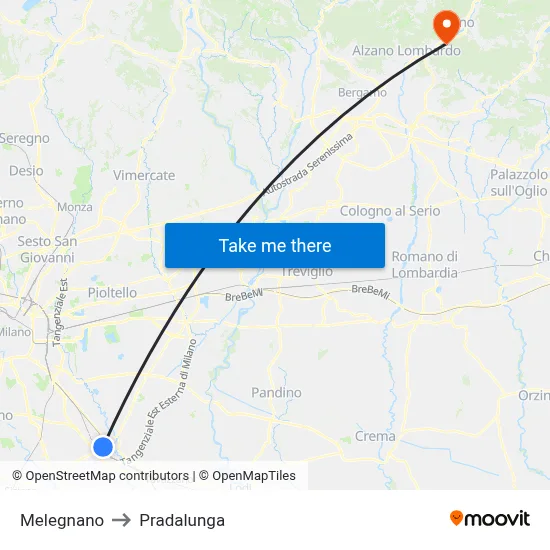 Melegnano to Pradalunga map