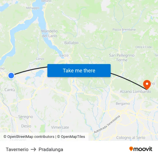 Tavernerio to Pradalunga map
