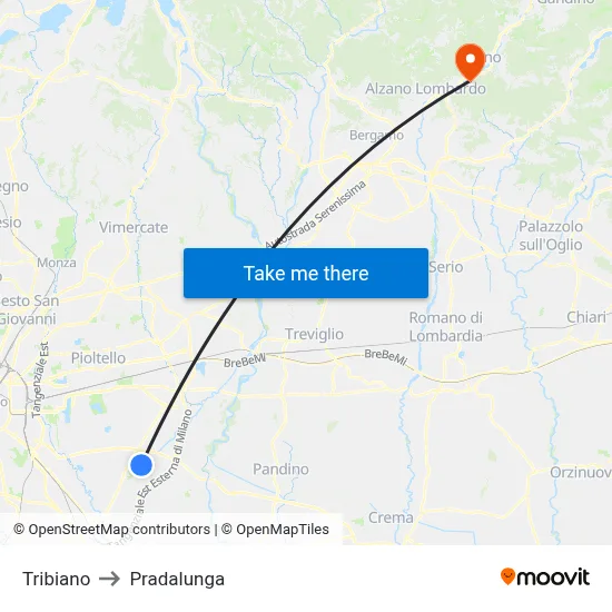 Tribiano to Pradalunga map