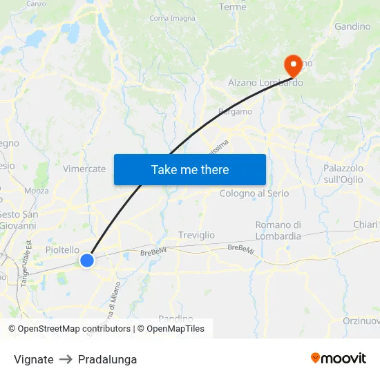Vignate to Pradalunga map
