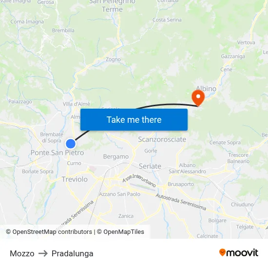 Mozzo to Pradalunga map