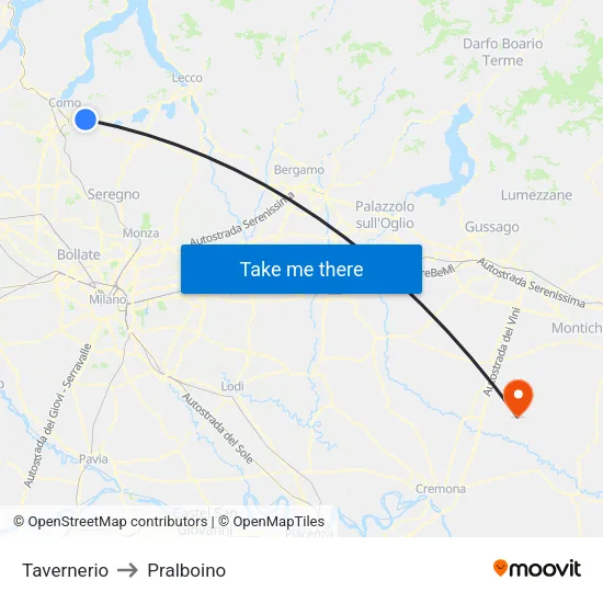 Tavernerio to Pralboino map