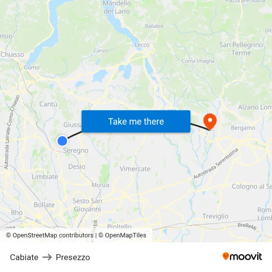 Cabiate to Presezzo map