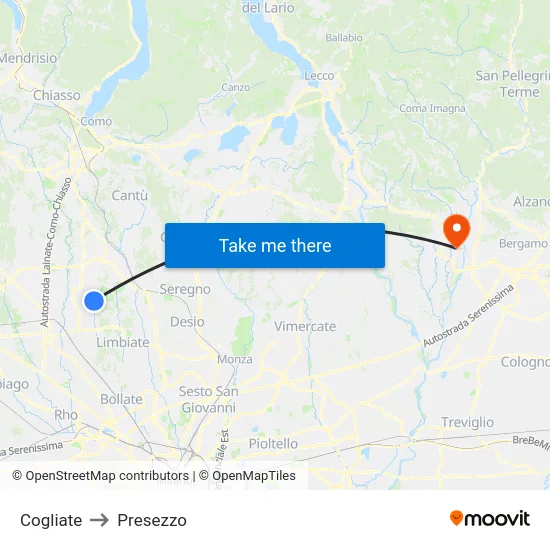 Cogliate to Presezzo map