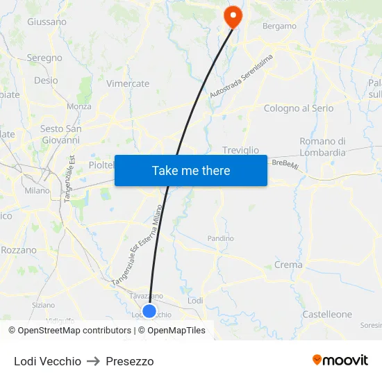 Lodi Vecchio to Presezzo map