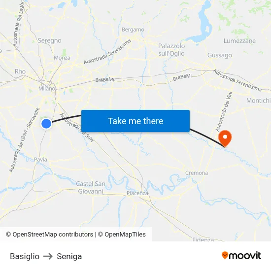 Basiglio to Seniga map