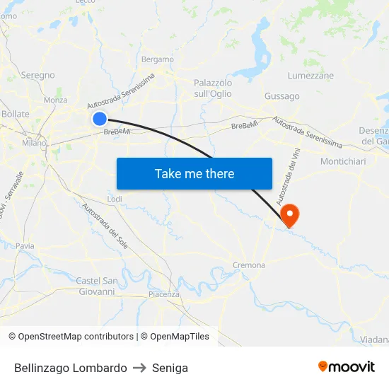 Bellinzago Lombardo to Seniga map