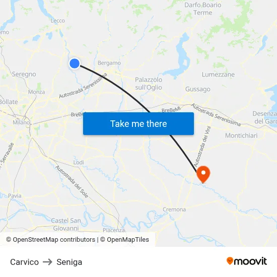 Carvico to Seniga map