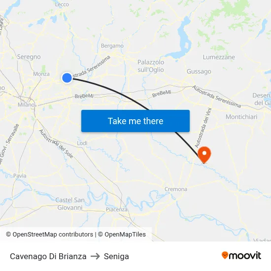 Cavenago di Brianza to Seniga map