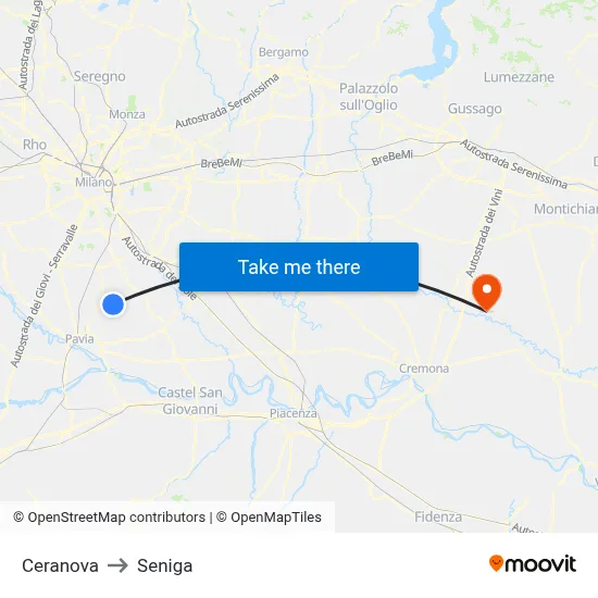 Ceranova to Seniga map