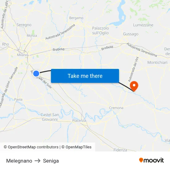 Melegnano to Seniga map