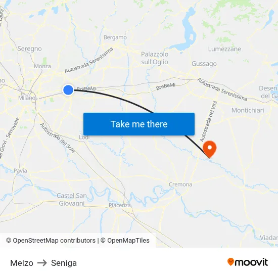 Melzo to Seniga map