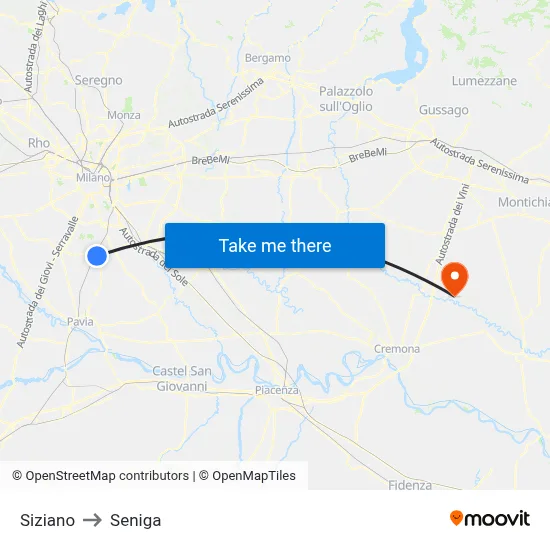 Siziano to Seniga map