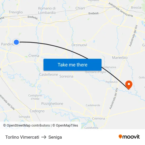 Torlino Vimercati to Seniga map