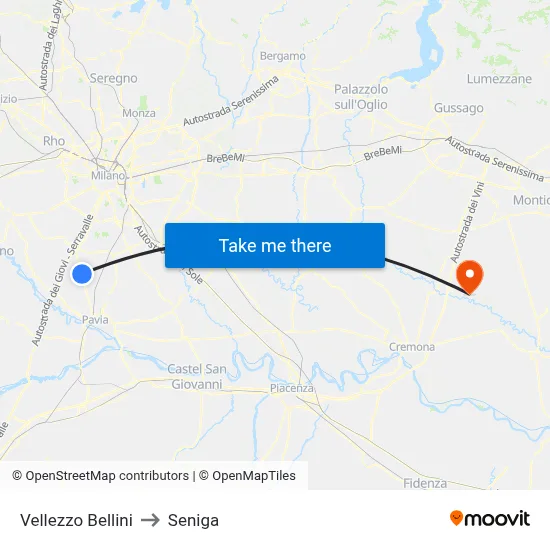 Vellezzo Bellini to Seniga map
